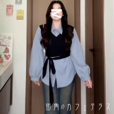 樂天商城 - レディース トップス シャツ ブラウス ベスト Vネック フェイクレイヤード 重ね着風 カラー切り替え カラーブロック シンプル カジュアル きれいめ 大人かわいい リボン キュート レトロ 長袖 ブラック 20代 30代 40代 通勤 通学 オフィス お出掛け 女子会 お呼ばれ 秋冬