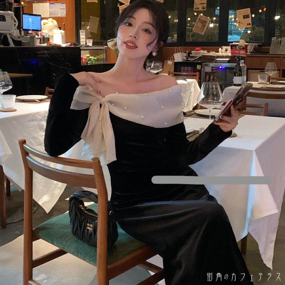 樂天商城 - レディース ドレス パーティードレス ワンピース オフショルダー カラーブロック モノトーン レース クルーネック ロング丈 マキシ丈 シンプル きれいめ 大人かわいい キュート レトロ こなれ感 体型カバー 二の腕カバー スタイルアップ リボン 上品 長袖 ブラック 黒 結婚式