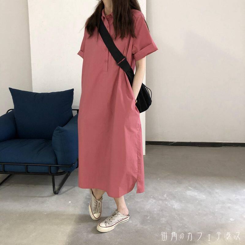 樂天商城 - レディース ワンピース Aライン クルーネック ミドル丈 ミディアム丈 ミモレ丈 ロング丈 ゆったり リラックス シンプル きれいめ 大人かわいい キュート レトロ こなれ感 体型カバー 二の腕カバー スタイルアップ 半袖 ピンク 20代 30代 40代 通勤 通学 オフィス お出掛け