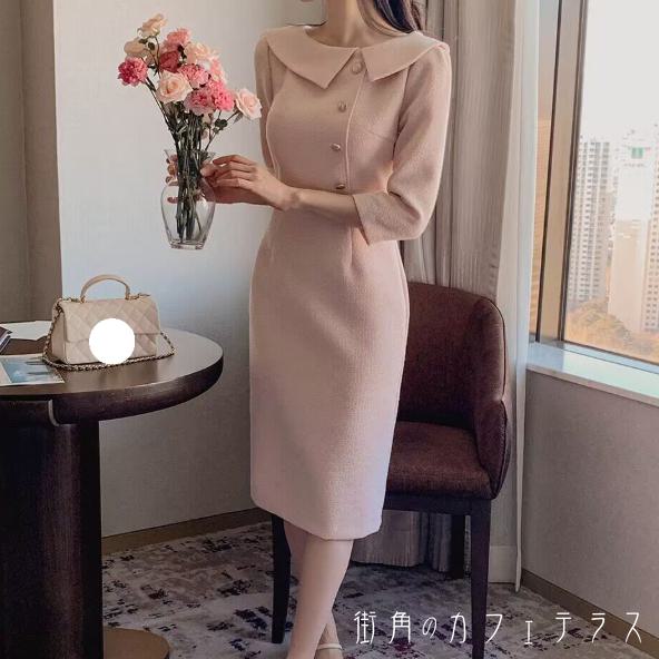 樂天商城 - ロングドレス カラードレス ひざ丈 ミモレ ペンシルドレス 長袖 Uネック 襟付き エレガント 可愛い 大人可愛い きれいめ シンプル カジュアル シック コンサバ 華やか 大人 上品 おしゃれ お洒落 主役級 こなれ感 高見え 高級感 フェミニン 無地 春 30代 40代 レディース