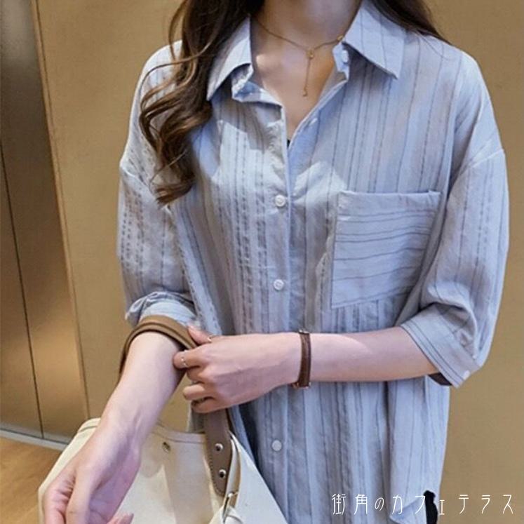 樂天商城 - レディース トップス シャツ ブラウス クルーネック ゆったり ふんわり袖 ストライプ シンプル カジュアル きれいめ 大人かわいい 体型カバー 二の腕カバー スタイルアップ こなれ感 半袖 ブルー ホワイト 20代 30代 40代 通勤 通学 オフィス お出掛け 女子会 お呼ばれ 春夏