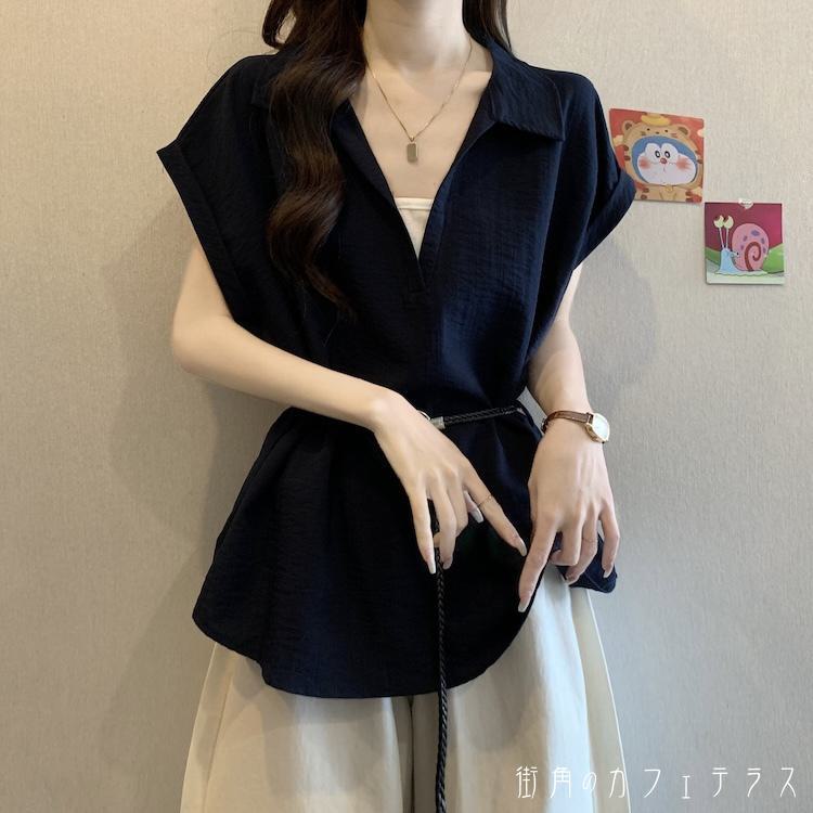 樂天商城 - レディース トップス シャツ ブラウス Vネック ゆったり ウエストシェイプ フレンチスリーブ 上品 こなれ感 シンプル カジュアル きれいめ 大人かわいい 体型カバー 二の腕カバー スタイルアップ ノースリーブ ネイビー ホワイト 20代 30代 40代 通勤 通学 オフィス お出掛け