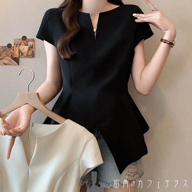 樂天商城 - レディース トップス シャツ ブ Vネック ス ウエストシェイプ キーネック ノーカラー こなれ感 クール 上品 シンプル カジュアル きれいめ 大人かわいい 体型カバー 二の腕カバー スタイルアップ 半袖 フレンチスリーブ アイボリー ブラック 20代 30代 40代 通勤 通学