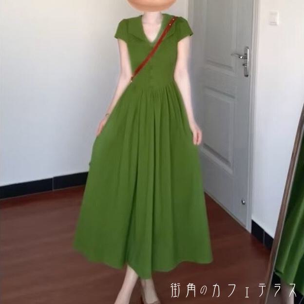 樂天商城 - レディース ワンピース Aライン Vネック ミモレ丈 ロング丈 シンプル きれいめ 大人かわいい キュート レトロ こなれ感 体型カバー 二の腕カバー スタイルアップ 抜け感 ギャザー フレンチスリーブ グリーン ブラック 20代 30代 40代 通勤 通学 オフィス お出掛け 女子会