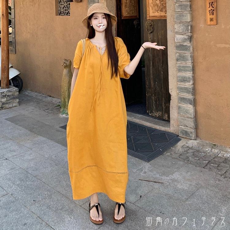 樂天商城 - レディース ワンピース Vネック ゆったり ナチュラル ロング丈 マキシ丈 シンプル きれいめ 大人かわいい キュート レトロ こなれ感 体型カバー 二の腕カバー スタイルアップ 半袖 イエロー 20代 30代 40代 通勤 通学 オフィス お出掛け 女子会 お呼ばれ 春夏
