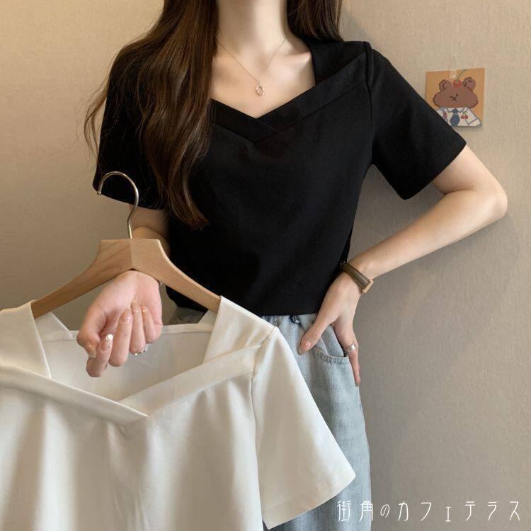 樂天商城 - レディース トップス カットソー Vネック スクエアネック シンプル カジュアル きれいめ 大人かわいい 体型カバー 二の腕カバー スタイルアップ 上品 こなれ感 半袖 ホワイト ブラック 20代 30代 40代 通勤 通学 オフィス お出掛け 女子会 お呼ばれ 春夏