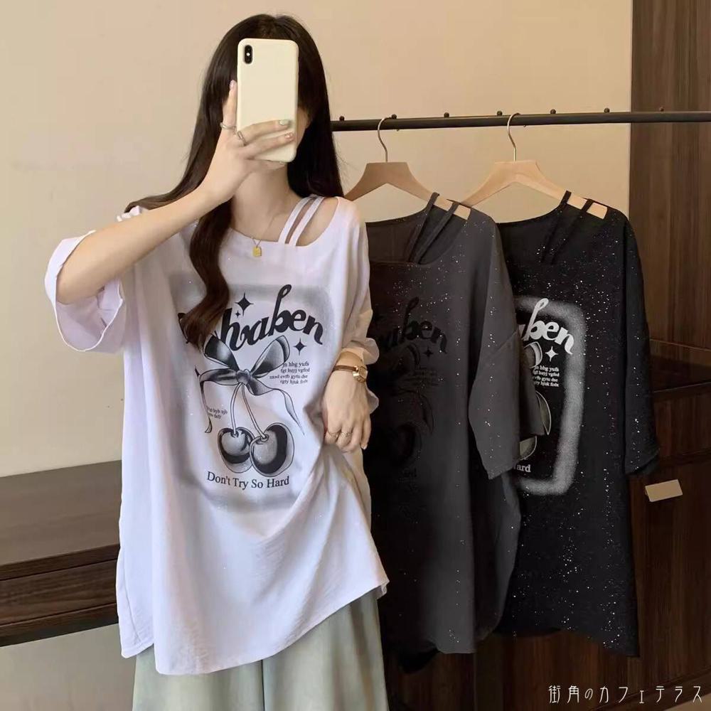 樂天商城 - レディース トップス カットソー クルーネック ゆったり プリント アシンメトリー 体型カバー 二の腕カバー スタイルアップ シンプル カジュアル きれいめ 大人かわいい こなれ感 ロング丈 半袖 ホワイト グレー ブラック 20代 30代 40代 通勤 通学 オフィス お出掛け 女子会
