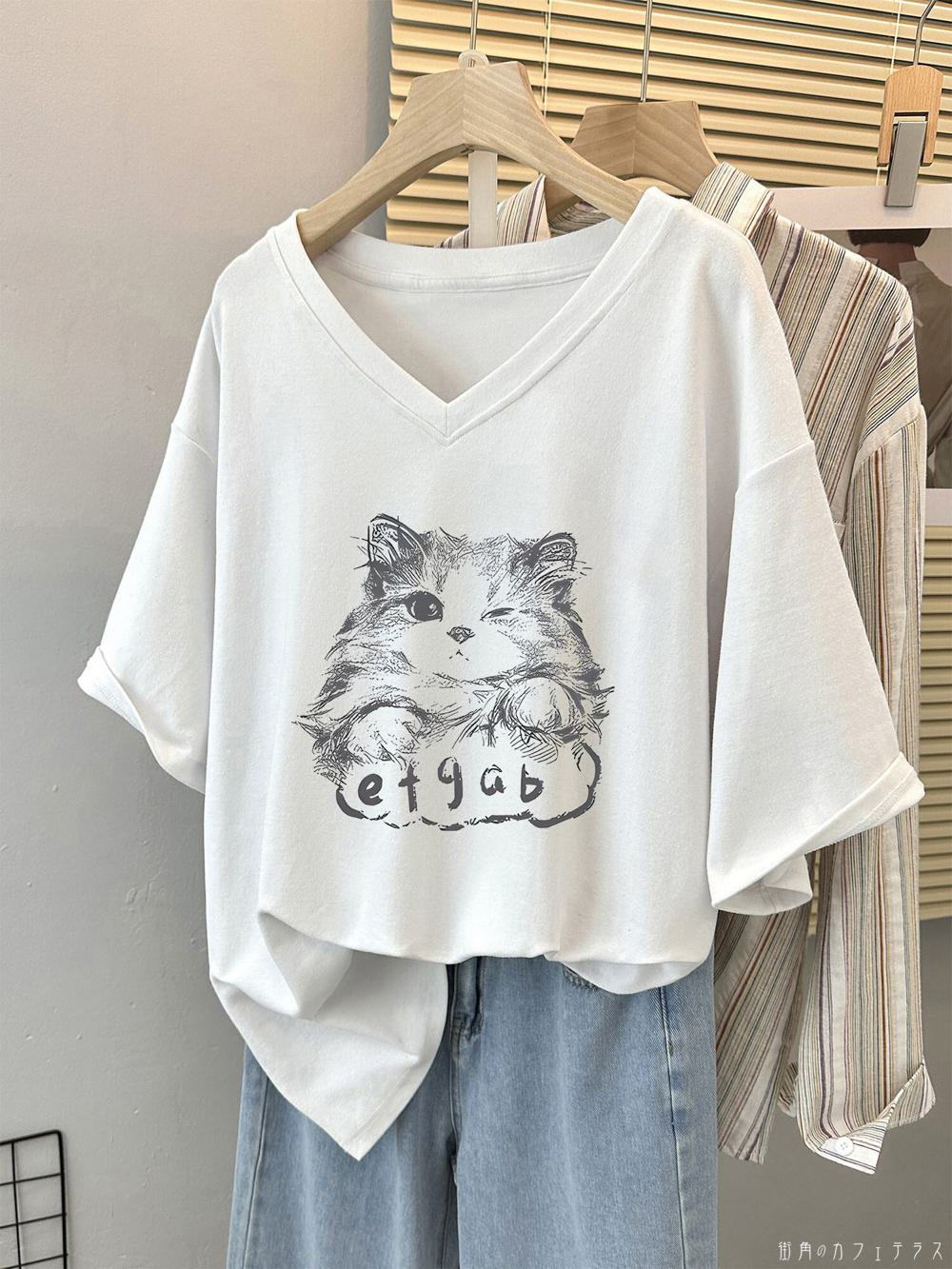 樂天商城 - レディース トップス カットソー Vネック ゆったりシンプル カジュアル きれいめ 大人かわいい 体型カバー 二の腕カバー スタイルアップ こなれ感 キュート プリント 半袖 ホワイト グレー ピンク パープル ブルー 20代 30代 40代 通勤 通学 オフィス お出掛け 女子会