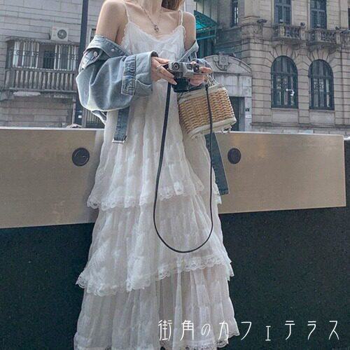 樂天商城 - レディース ワンピース Aライン クルーネック キャミソールワンピース キャミワンピ ティアード ロング丈 シンプル きれいめ 大人かわいい キュート レトロ こなれ感 体型カバー 二の腕カバー スタイルアップ ノースリーブ ホワイト パープル 20代 30代 40代 通勤 通学
