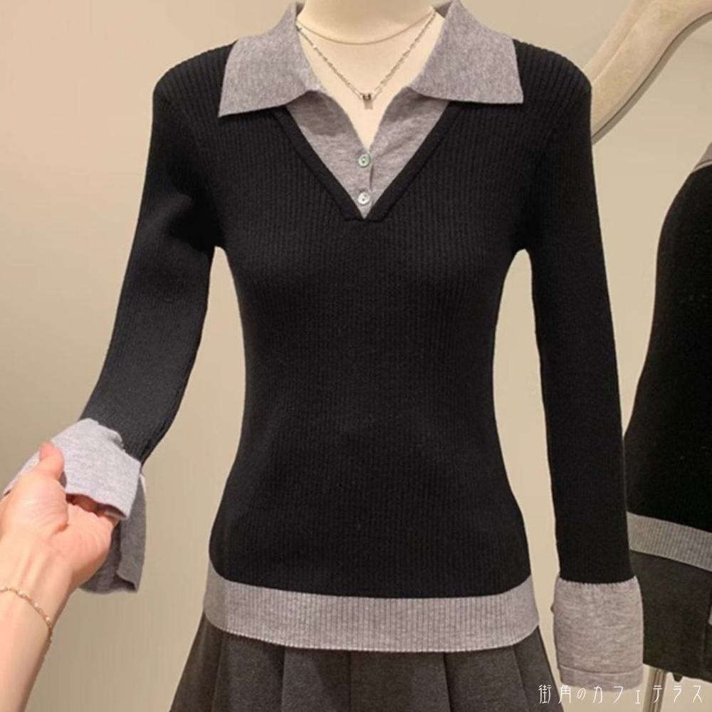 ニット グレー ブラック レディース トップス カットソー 襟付き Vネック カラー切り替え フェイクレイヤード 重ね着風 全2色 灰色 黒 通勤 オフィス お呼ばれ 秋冬 S-4XL 大きいサイズ 女子会 きれいめ カジュアル 体型カバー シンプル 40代 30代 20代 大人かわいい machicafe-10027937 街角のカフェテラス 楽天市場店 サンプル画像2