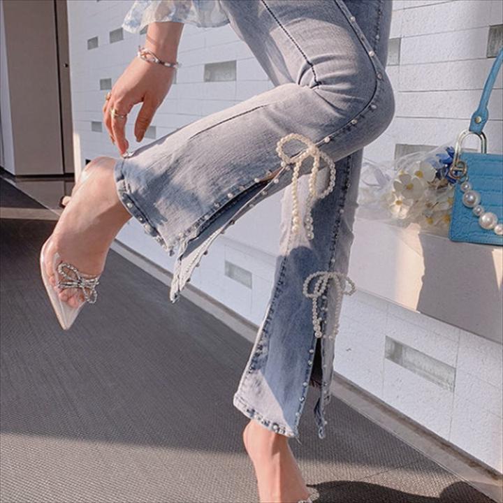 デニムパンツ ジーンズ フレア リボン ビジュー装飾 エレガント系 きれいめ 大人可...
