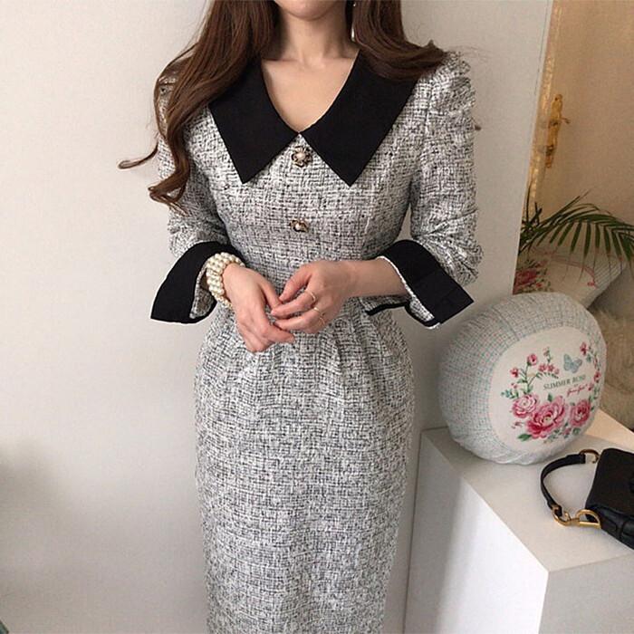 上品 ツイード ワンピース レディース ツィード iライン タイトワンピース タイト ハイウエスト ミモレ丈 ロングワンピース ロング丈 長袖 前ボタン フロントボタン ウエストリボン リボン りぼん バイカラー 着痩せ 細見え 大人 きれいめ お呼ばれ デート 食事会 謝恩会 OL