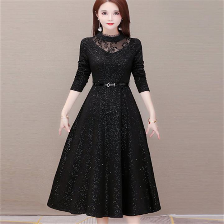 ロングドレス 2色 ワンピース ドレス dress 衣装 パーティドレス ロング ロング丈 グリッター ミモレ ミモレ丈 袖あり 七分丈 ラウンドネック Aライン フレア ドッキング キラキラ 異素材切り替え 透け感 シースルー スパンコール ファスナー エレガント 可愛い 大人可愛い