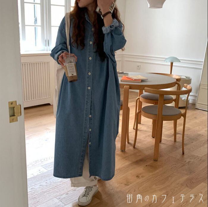 ワンピース レディース デニムシャツ デニムシャツワンピ シャツワンピース シャツワンピ ロングシャツ 前ボタン フロントボタン 長袖 iライン aライン ロングワンピース ロング丈 マキシワンピース マキシ丈 羽織り 羽織 アウター オーバーサイズ ゆったり 着痩せ 細見え
