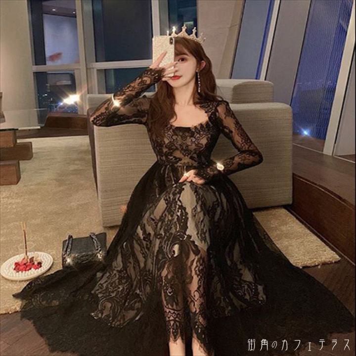 ドレス ロングドレス ワンピース 衣装 パーティドレス ロング 袖あり 長袖 ラウンドネック Aライン フ..