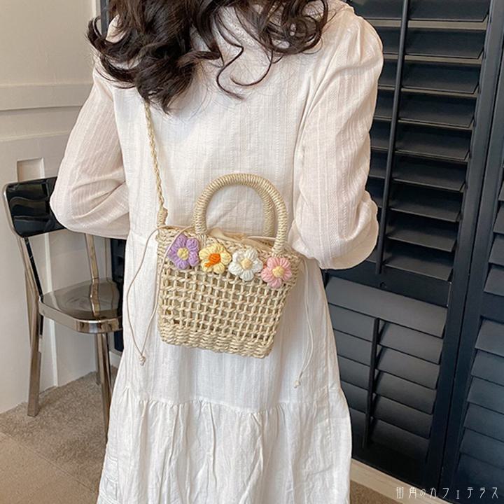 ハンドバッグ ショルダーバッグ 2way カーキ ベージュ フラワーモチーフ 花 ガーリー フェミニン かごバッグ ナチュラル 大人かわいい 20代 デート お出かけ 夏