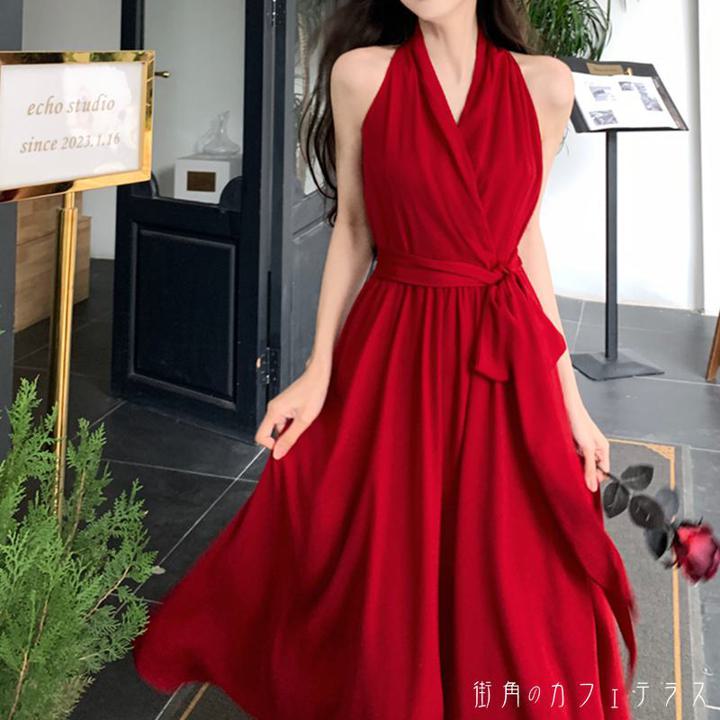 レディース ドレス パーティードレス ワンピース カシュクール風 ロング丈 シック 大人かわいい 抜け感 レッド 赤 結婚式 2次会 お呼ばれ パーティー お食事会 ディナー ランチ お出かけ 春夏
