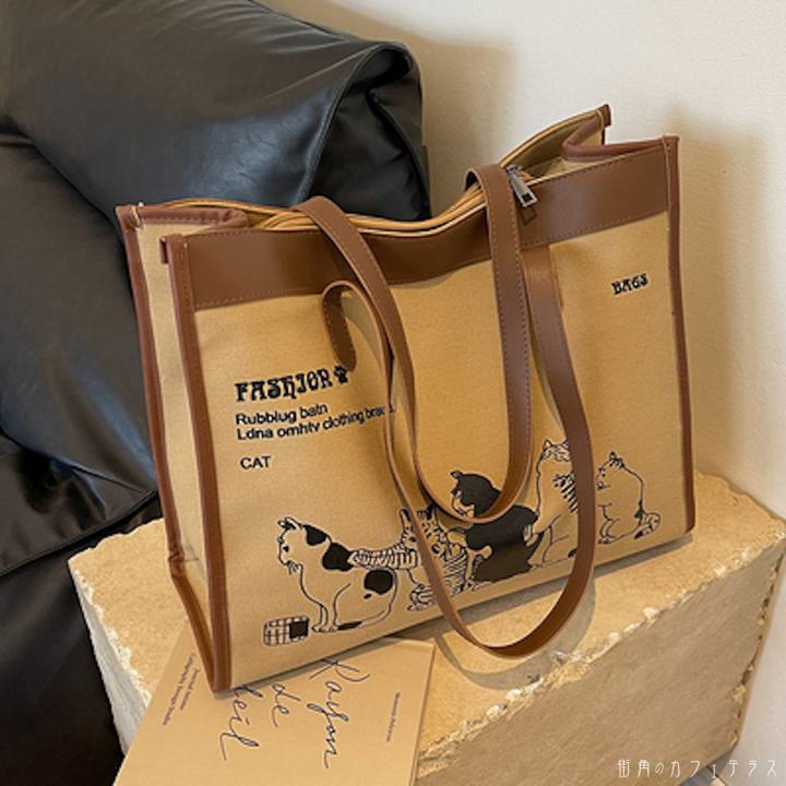 トートバッグ 3色展開 ブラック カーキ オフホワイト 猫 キャット かわいい 20代 通勤 通学 通学スタイ..