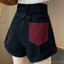 デニムパンツ 2色 パンツ ボトムス ミニ ポケット ハイウエスト バイカラー 切りっぱなし ブルーデニム かわいい 大人可愛い 大人女子 綺麗 シンプル カジュアル おしゃれ お洒落 こなれ感 ラフ コンサバ 着痩せ レディライク ガーリー系 無地 夏 20代 レディース 女性用(4)