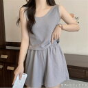 ルームウェア 2色 ナイトウェア パジャマ 寝巻 上下セット パンツ タンクトップ シャツ ミニ ノースリーブ Uネック ラウンドネック Aライン フレア こなれ感 薄手生地 可愛い きれいめ シンプル カジュアル シック コンサバ 華やか おしゃれ お洒落 無地 夏 20代 30代 40代