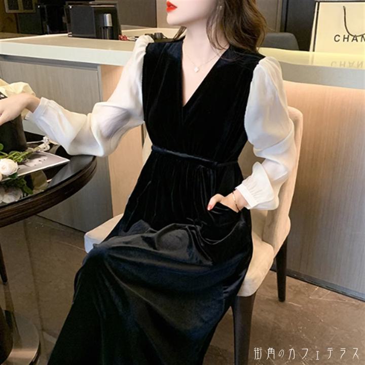 ドレス ロングドレス ワンピース 衣装 パーティドレス ロング ロング丈 ミモレ ミモレ丈 袖あり 長袖 Vネック Aライン フレア ドッキング 異素材切り替え エレガント 可愛い 大人可愛い きれいめ シンプル カジュアル シック コンサバ 華やか 大人 上品 おしゃれ お洒落