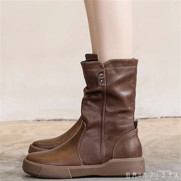 ブーツ 2色 ショート ローヒール 丸トゥ フェイクレザー 革 可愛い 大人可愛い きれいめ シンプル カジ..