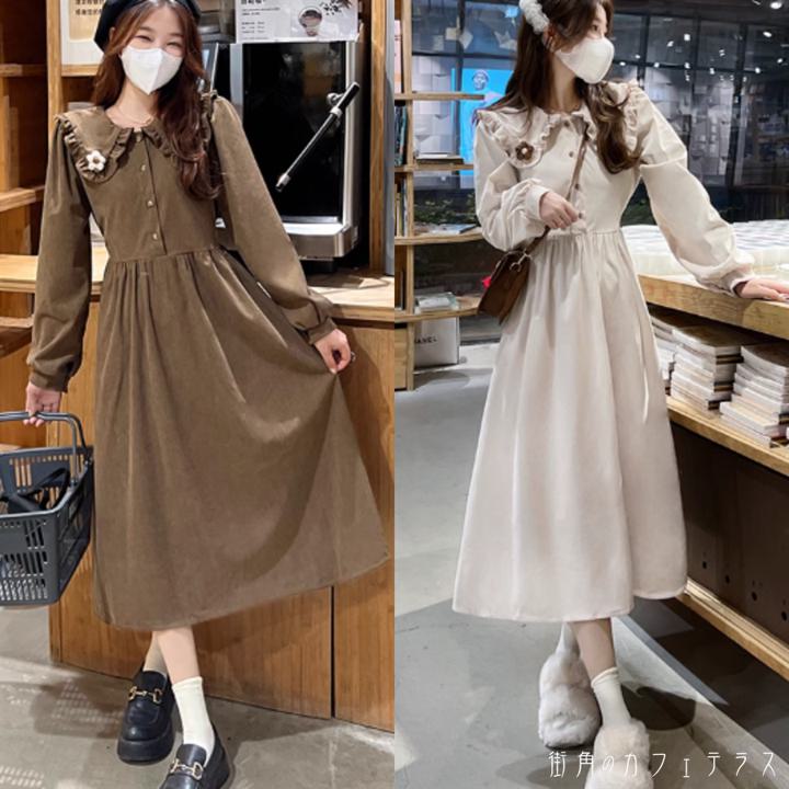 ワンピース 2色 ロング ミモレ 袖あり 長袖 襟付き クルーネック Aライン フレア フリル 花柄装飾 厚手生地 可愛い 大人可愛い シンプル カジュアル コンサバ 華やか おしゃれ お洒落 レトロ こなれ感 フェミニン ラフ 無地 秋 レディース 女性用 デート お出かけ 女子会