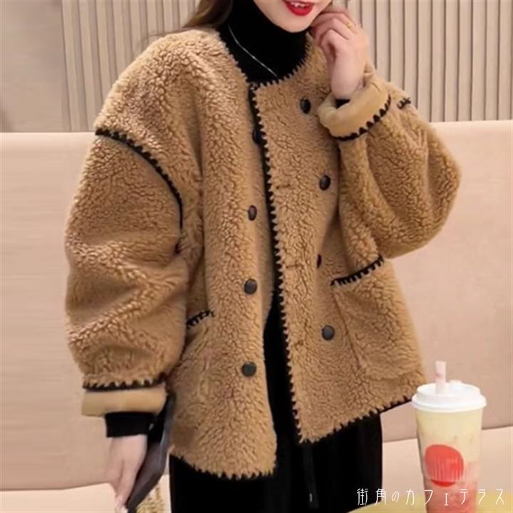 アウター ジャケット 羽織り ボアジャケット ムートン 萌え袖 袖あり 長袖 クルーネック Aライン フレア ロング バイカラー ふわふわ ボタン ポケット 厚手生地 裏地 着る毛布 あったか ボア かわいい 大人可愛い 大人女子 こなれ感 シンプル カジュアル 大人 おしゃれ