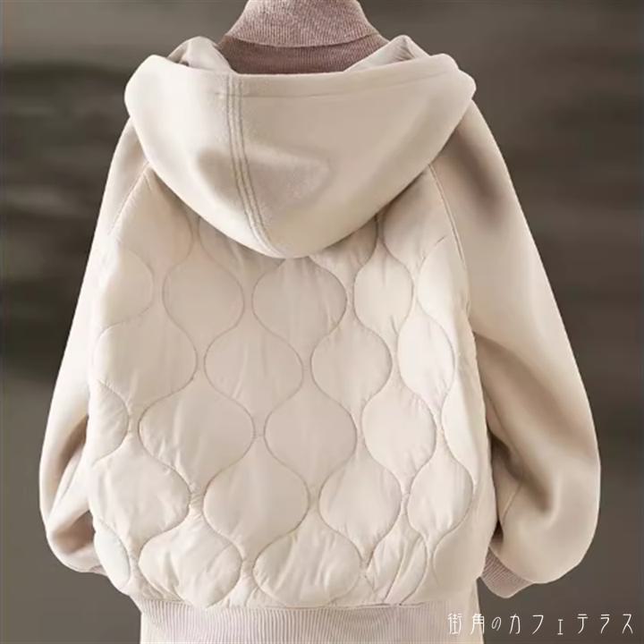 アウター ジャケット 羽織り ダウンジャケット ブルゾン キルティングジャケット 萌え袖 袖あり 長袖 フード付き Vネック Aライン フレア ショート 異素材切り替え ドッキング ポケット 厚手生地 かわいい 大人可愛い 大人女子 こなれ感 シンプル カジュアル 大人 上品