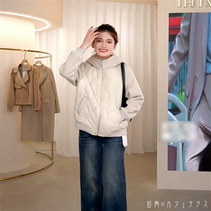 アウター ジャケット 羽織り ダウンジャケット ブルゾン キルティングジャケット 萌え袖 袖あり 長袖 フード付き Vネック Aライン フレア ショート 異素材切り替え ドッキング ポケット 厚手生地 かわいい 大人可愛い 大人女子 こなれ感 シンプル カジュアル 大人 上品