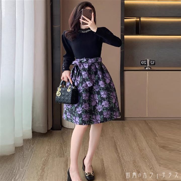 ドレス ロングドレス ワンピース 衣装 パーティドレス ベルティングドレス ロング 膝丈 袖あり 長袖 クルーネック Aライン フレア キラキラ ビジュー装飾 リボン 異素材ドッキング 厚手生地 エレガント 可愛い 大人可愛い きれいめ シンプル カジュアル シック コンサバ