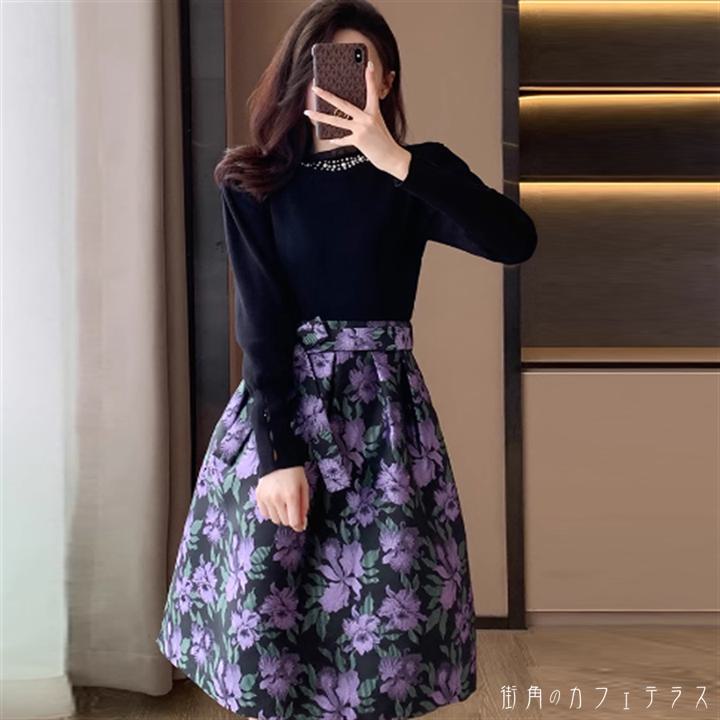 ドレス ロングドレス ワンピース 衣装 パーティドレス ベルティングドレス ロング 膝丈 袖あり 長袖 クルーネック Aライン フレア キラキラ ビジュー装飾 リボン 異素材ドッキング 厚手生地 エレガント 可愛い 大人可愛い きれいめ シンプル カジュアル シック コンサバ