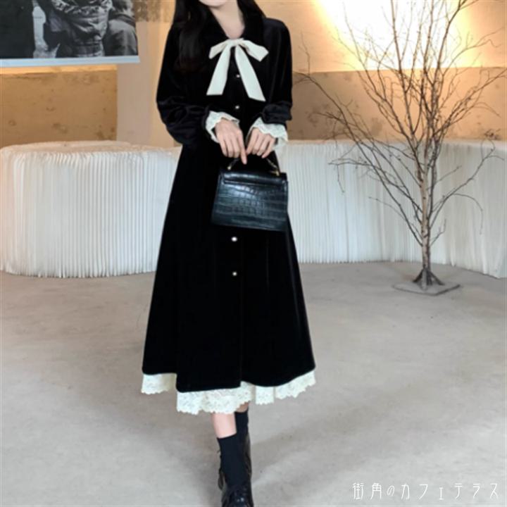 ワンピース マキシワンピ ロング ミモレ 袖あり 長袖 フレア袖 フレアスリーブ Vネック Aライン フレア 異素材切り替え ドッキング リボン レイヤード 重ね着風 ベロア ベルベット 厚手生地 エレガント 可愛い 大人可愛い きれいめ シンプル カジュアル シック コンサバ