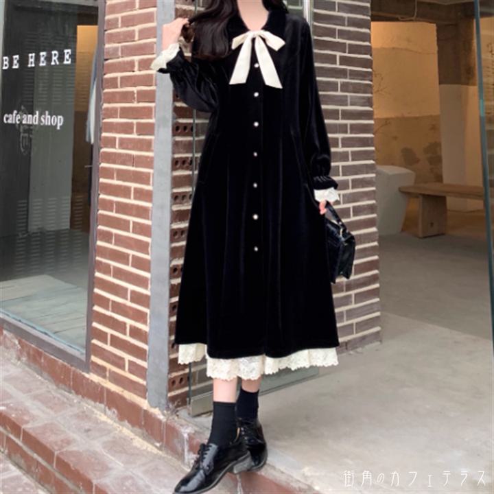 ワンピース マキシワンピ ロング ミモレ 袖あり 長袖 フレア袖 フレアスリーブ Vネック Aライン フレア 異素材切り替え ドッキング リボン レイヤード 重ね着風 ベロア ベルベット 厚手生地 エレガント 可愛い 大人可愛い きれいめ シンプル カジュアル シック コンサバ