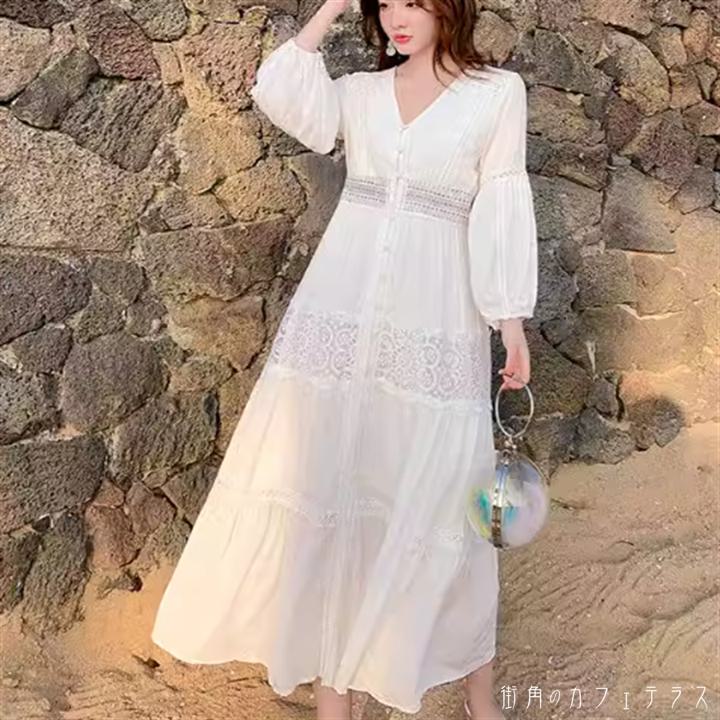 ワンピース 2色 ロングワンピ マキシワンピ ロング 袖あり 長袖 Vネック Aライン フレア レース 透け感 エレガント 可愛い 大人可愛い きれいめ シンプル カジュアル コンサバ 華やか 大人 上品 おしゃれ お洒落 こなれ感 フェミニン ラフ 無地 花柄 春 夏 20代 30代 40代