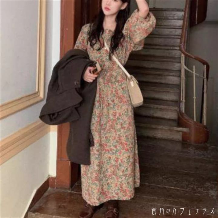 ワンピース ロング ミモレ 袖あり 長袖 ランタンスリーブ パフスリーブ ラウンドネック Aライン フレア 薄手生地 可愛い 大人可愛い きれいめ シンプル カジュアル シック コンサバ 華やか 大人 おしゃれ お洒落 レトロ こなれ感 フェミニン ラフ 無地 花柄 春 20代 30代