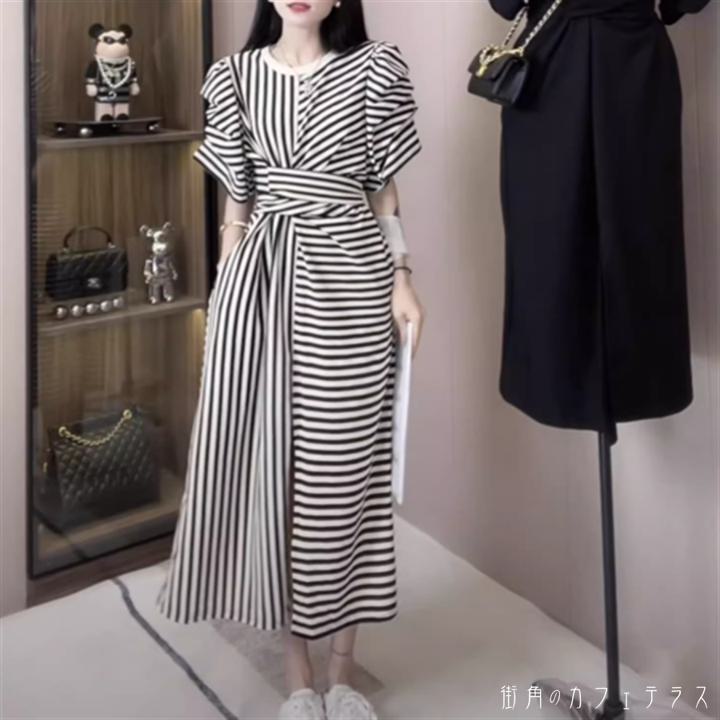 ワンピース マキシワンピ ロング マキシ 袖あり 半袖 クルーネック Aライン フレア Iライン リボン 薄手生地 可愛い 大人可愛い きれいめ シンプル カジュアル コンサバ 華やか 大人 おしゃれ お洒落 こなれ感 ラフ ストライプ柄 ボーダー しましま 夏 20代 30代 40代
