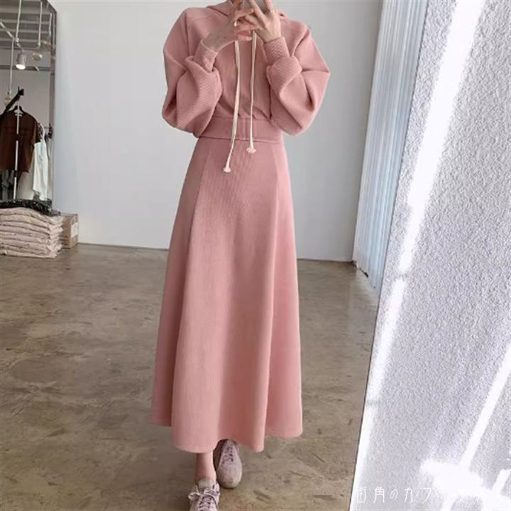 パジャマ ルームウェア 部屋着レディース 部屋着 ナイトウェア 3色 スカート 上下セット 2点セット ロング マキシ 袖あり 長袖 フード付き クルーネック Aライン フレア プルオーバー スウェット 可愛い 大人可愛い きれいめ シンプル カジュアル コンサバ 大人 上品