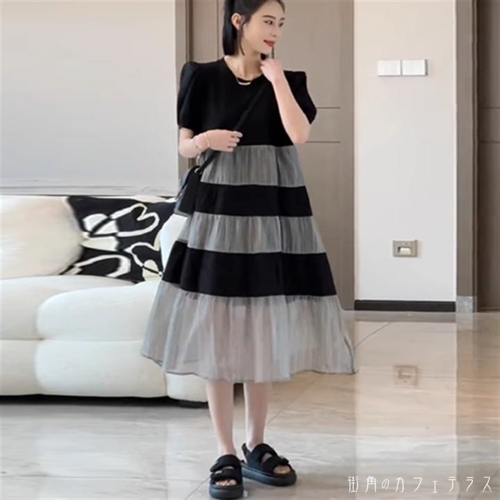 樂天商城 - ワンピース ロングワンピ ロング ミモレ 袖あり 半袖 ラウンドネック Aライン フレア 透け感 シースルー 薄手生地 可愛い 大人可愛い きれいめ シンプル カジュアル コンサバ 華やか 大人 おしゃれ お洒落 こなれ感 ラフ ヘルシー ボーダー しましま 夏 20代 30代 40代