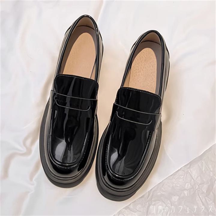 シューズ 靴 2パターン ローファー 厚底 チャンキーヒール 丸トゥ ラウンドトゥ PU フェイクレザー レ..