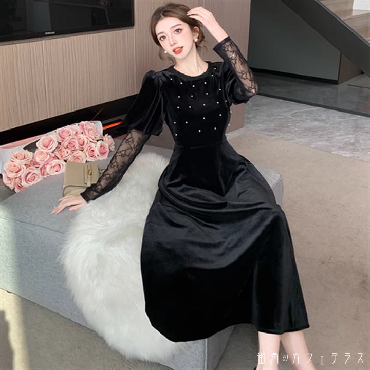 樂天商城 - ドレス ロングドレス ワンピース 衣装 パーティドレス ロング マキシ 袖あり 長袖 クルーネック Aライン フレア ベロア ベルベット エレガント 可愛い 大人可愛い きれいめ シンプル カジュアル シック コンサバ 華やか 大人 上品 おしゃれ お洒落 主役級 こなれ感 高見え