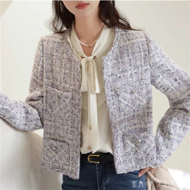 ジャケット アウター ノーカラー 襟なし ツイード 羽織り 袖あり 長袖 ラウンドネック クルーネック A..