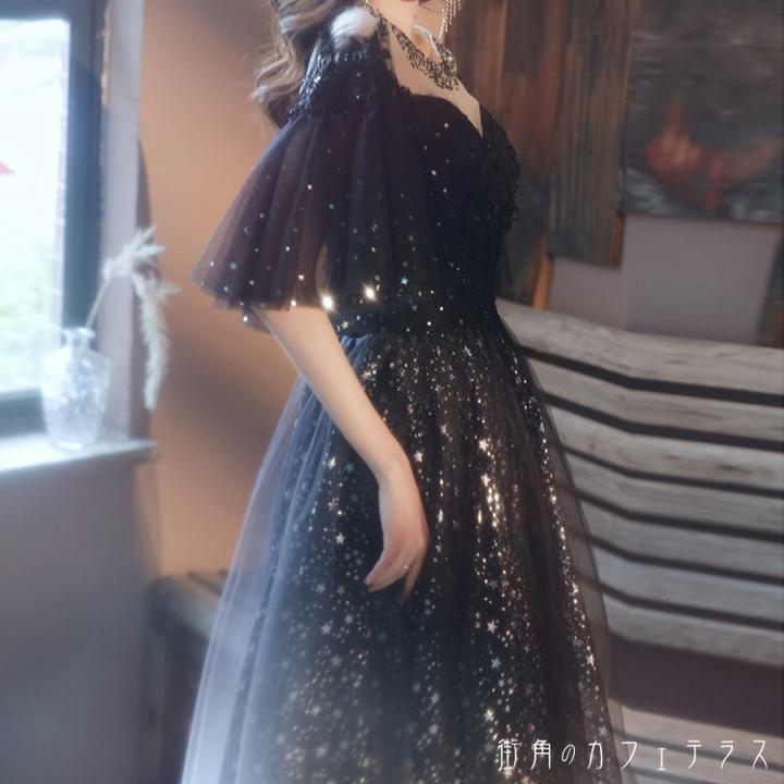 レディース ドレス パーティードレス ワンピース ロング丈 マキシ丈 Aライン ふんわり袖 パフスリーブ ラメ レース 華やか ブラック 黒 結婚式 2次会 お呼ばれ パーティー お食事会 ディナー ランチ お出かけ 春夏