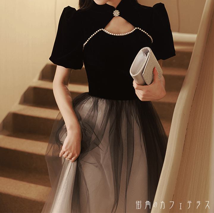 レディース ドレス パーティードレス ワンピース ロング丈 マキシ丈 Aライン モノトーン グラデーション ふんわり袖 バルーンスリーブ 大人かわいい ブラック 黒 結婚式 2次会 お呼ばれ パーティー お食事会 ディナー ランチ お出かけ 春夏