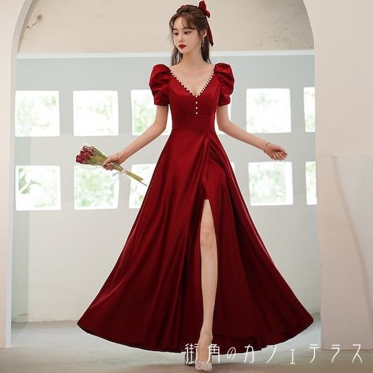 樂天商城 - レディース ドレス パーティードレス ワンピース ロング丈 マキシ丈 スリット Vネック ふんわり袖 シンプル 大人かわいい Aライン きれいめ 半袖 レッド 赤 結婚式 2次会 お呼ばれ パーティー お食事会 ディナー ランチ お出かけ 春夏秋