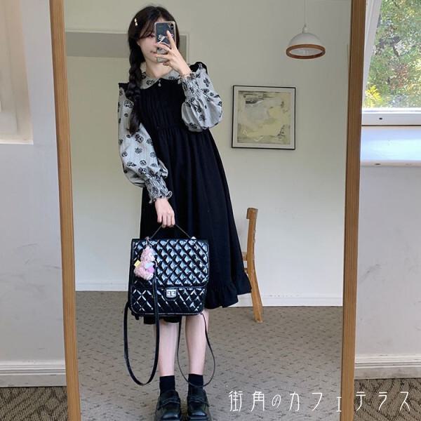 樂天商城 - レディース ワンピース ミドル丈 ミディアム丈 モノトーン Aライン フェイクレイヤード カラー切り替え ドッキング こなれ感 大人かわいい キュート レトロ 長袖 ブラック 黒 20代 30代 40代 通勤 通学 オフィス お出掛け 女子会 お呼ばれ 春秋