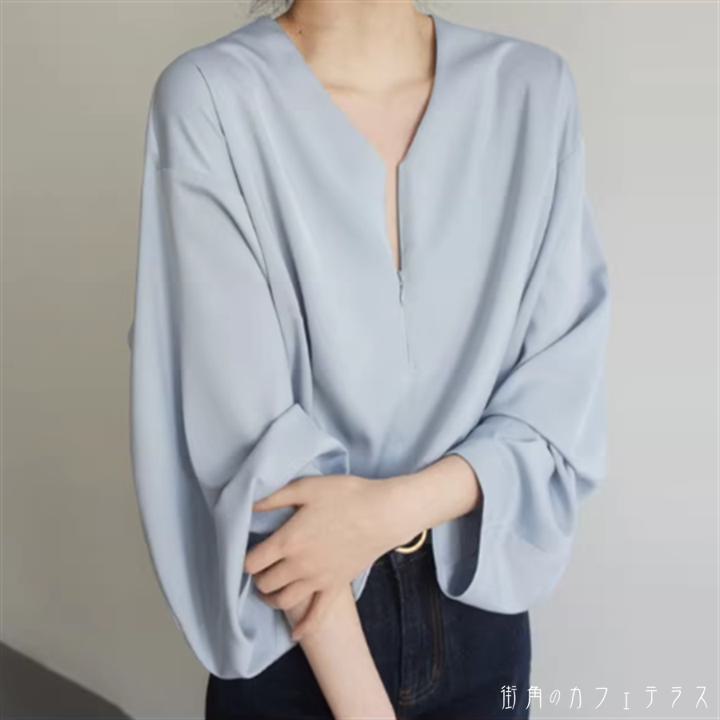 樂天商城 - トップス ブラウス 袖あり 長袖 ランタンスリーブ プルオーバー Vネック Aライン フレア ロング丈 薄手生地 かわいい 大人可愛い 大人女子 こなれ感 シンプル カジュアル 大人 上品 おしゃれ お洒落 ラフ コンサバ エレガント ヘルシー 無地 春 夏 20代 30代 40代 レディース