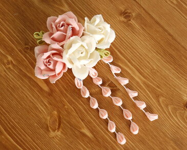 「花しおり」 髪飾り(コーム)小バラ・花びら下がり(2セット・ピンク×クリーム/1237) 薔薇 さがり ラメ 2点 上品 成人式 卒業式 振袖 はかま 袴【送料無料】【あす楽】【新品】