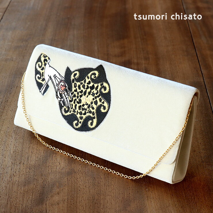 ＼2点で3％OFFクーポン／【特別価格】「tsumori chisato -ツモリチサト-」クラッチバッグ - ハンド(ホワイト/ベロア調) - チェーン付 刺繍 白 金 黒 赤 ラインストーン 猫 ドレッシー モード 個性的 レディース 【あす楽】【日本製】【送料無料】