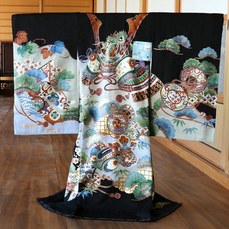 お宮参り 男の子 初着 産着 兜に打ち出の小槌 黒色 正絹 一つ身 大兜 防具 松 太鼓 小槌 几帳 着物 羽織 和服 誕生記 セット ベビー 赤ちゃん 男 ブラック 男児 子供 男の子 男児 子供 新生児 宮参り 初参り お正月 祝着 お初着 誕生日 熨斗 贈り物 ラッピング対応 (fu106)